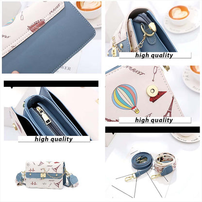 kék-fehér mintás női crossbody táska részletkollázson állítható pánttal és zárdísszel