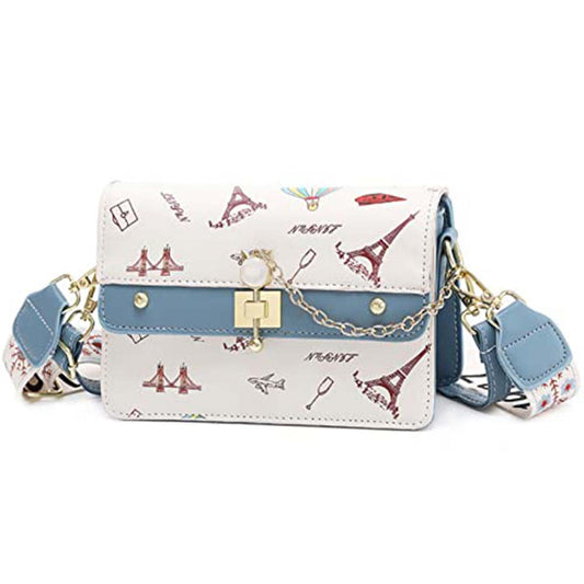 kék-fehér mintás női műbőr crossbody táska arany zárdísszel és széles pánttal