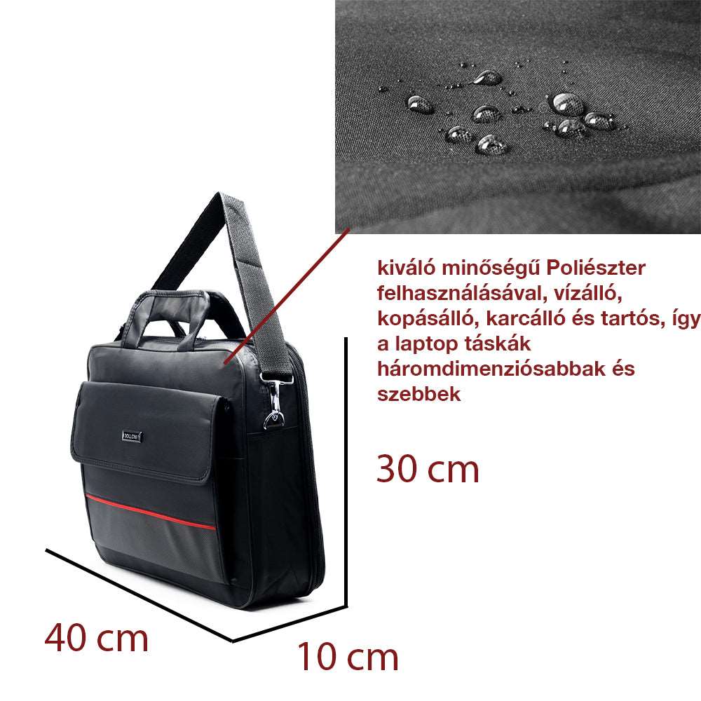 férfi laptoptáska, fekete, 40 x 30 x 10 cm méretábrával és vízlepergető anyaggal