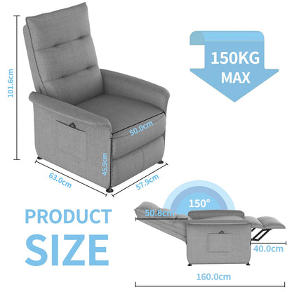 elektromos relax fotel, méretábrával és 150 kg terhelhetőség jelzéssel