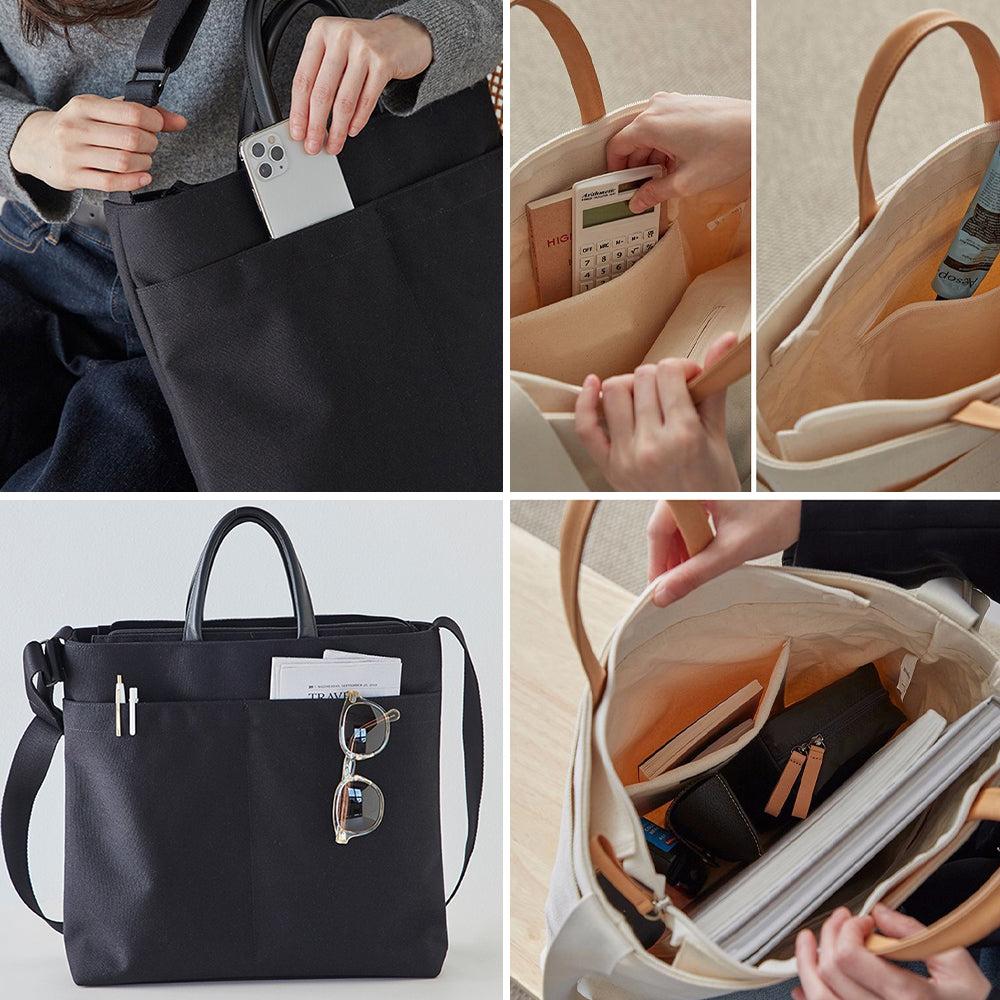 kompakt női nylon válltáska használati kollázson belső rekeszekkel és külső zsebekkel