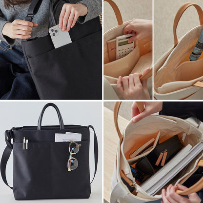 kompakt női nylon válltáska használati kollázson belső rekeszekkel és külső zsebekkel
