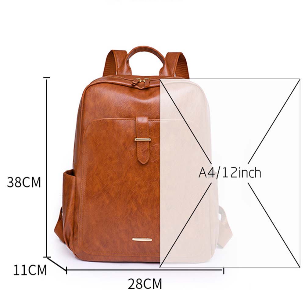barna női műbőr hátizsák méretábrán A4 papírhoz 38 x 28 x 11 cm jelöléssel