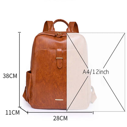 barna női műbőr hátizsák méretábrán A4 papírhoz 38 x 28 x 11 cm jelöléssel