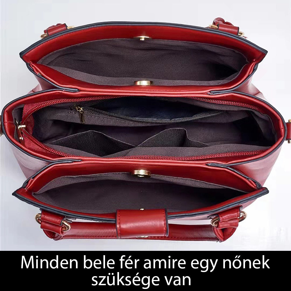 bordó női műbőr kézitáska nyitott belső rekeszekkel és több részes tárolással