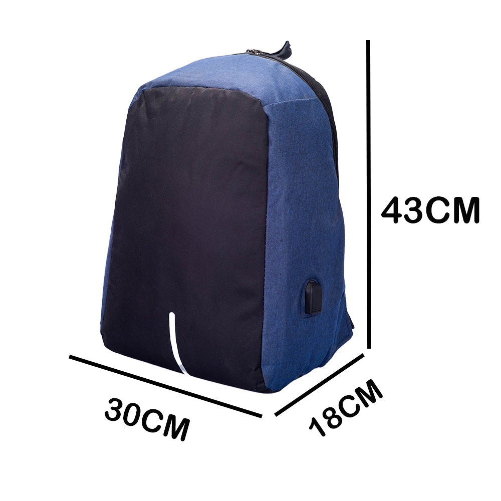 kék és fekete 16 hüvelykes laptop hátizsák méretábrán 43 x 30 x 18 cm jelöléssel