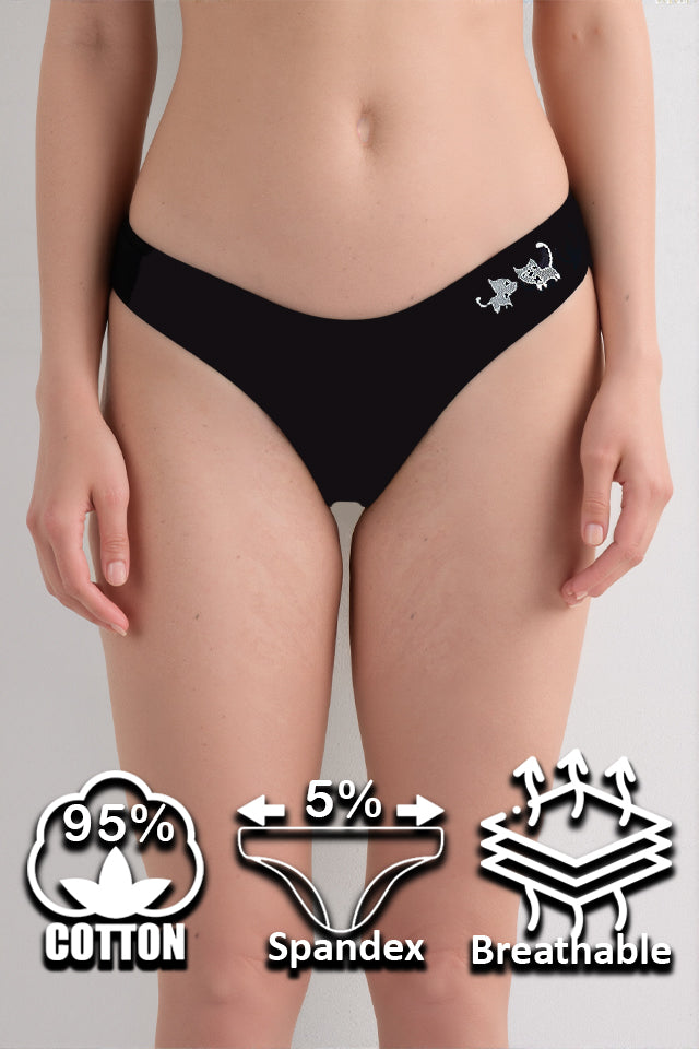 női mintás tanga, fekete, elölnézetben anyagikonokkal