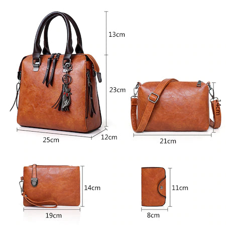 barna négyrészes női táskaszett méretábrán fő táskával oldaltáskával clutch táskával és kártyatartóval