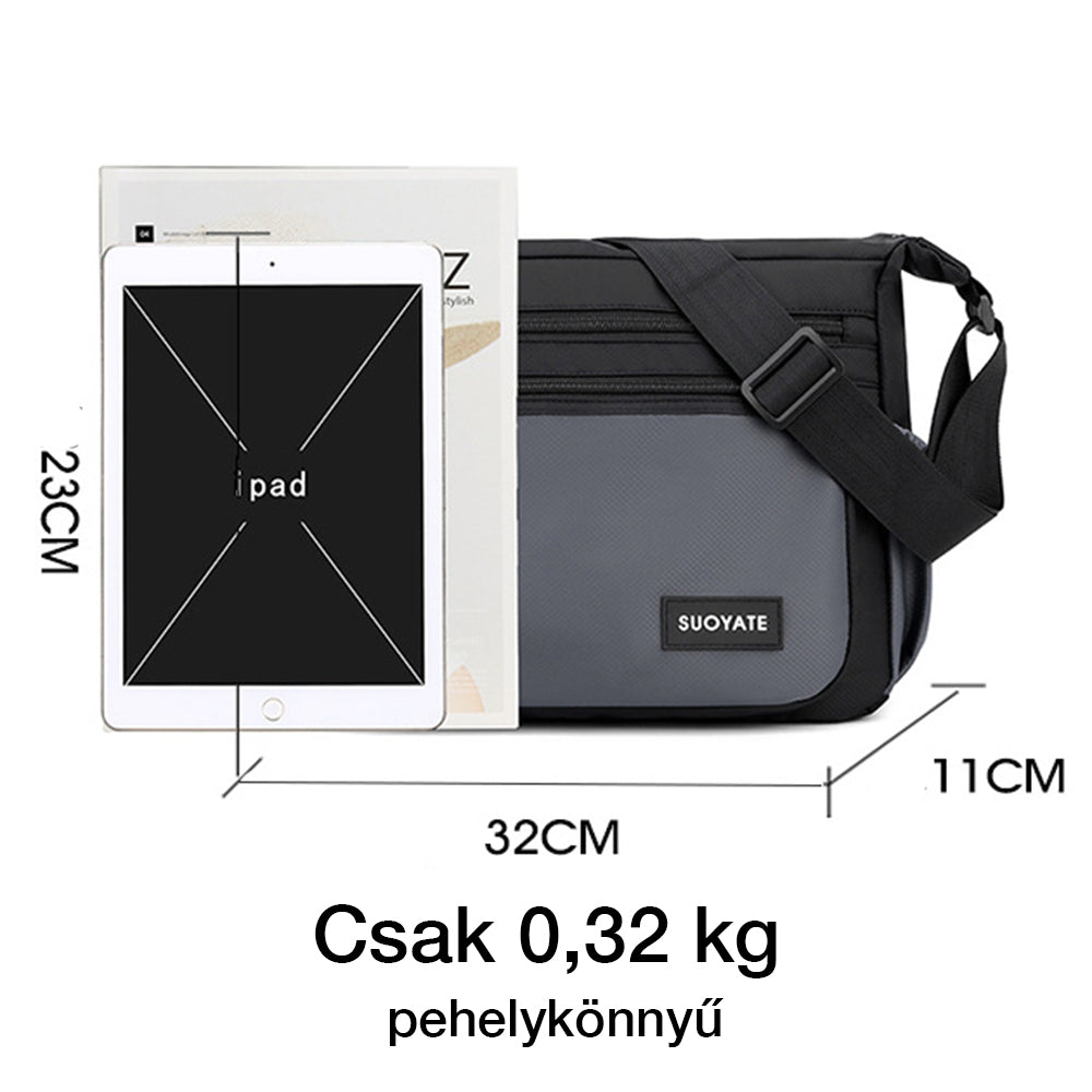 férfi vízálló futártáska, szürke, 32 x 23 x 11 cm és 0,32 kg méretábrával