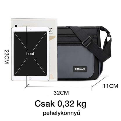 férfi vízálló futártáska, szürke, 32 x 23 x 11 cm és 0,32 kg méretábrával
