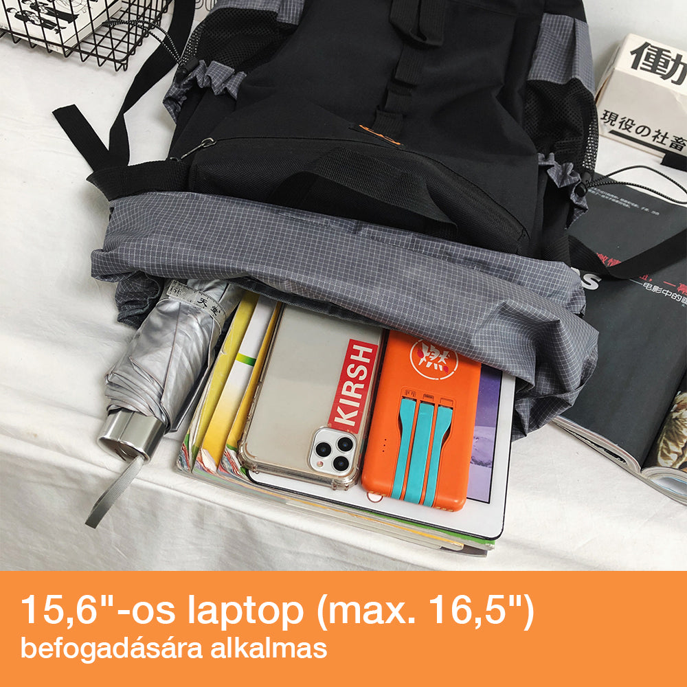 fekete vízálló laptop hátizsák nyitott laptoprekesszel 15 hüvelykes készülékhez