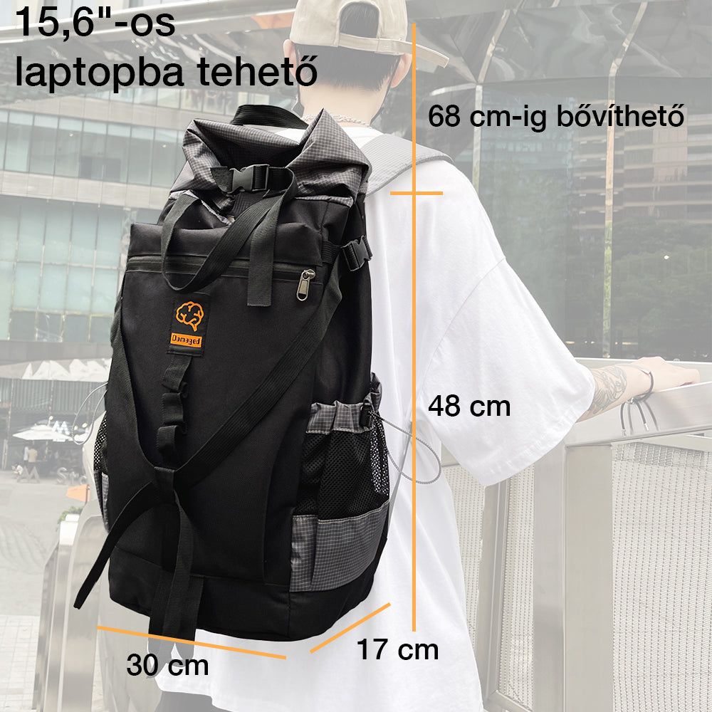 fekete vízálló laptop hátizsák méretábrán 68 cm bővíthető magassággal és 30 x 17 cm alappal