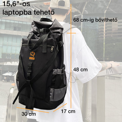 fekete vízálló laptop hátizsák méretábrán 68 cm bővíthető magassággal és 30 x 17 cm alappal