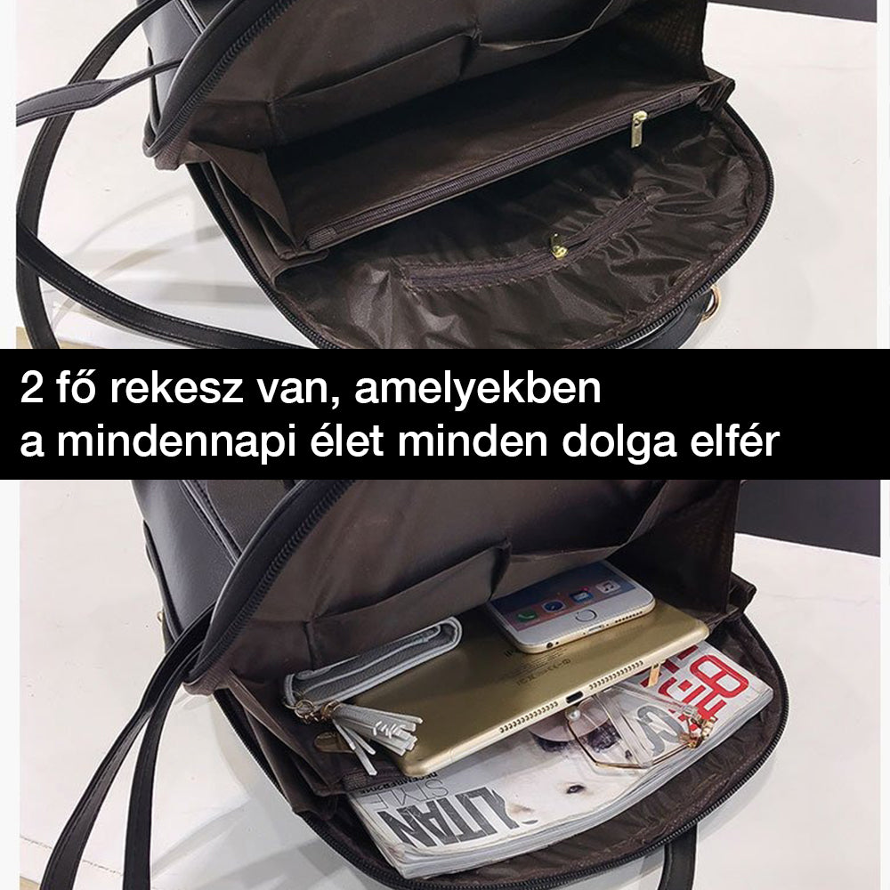 fekete kompakt női hátizsák nyitott kétrekeszes kapacitásképen pénztárcával és készpénzzel