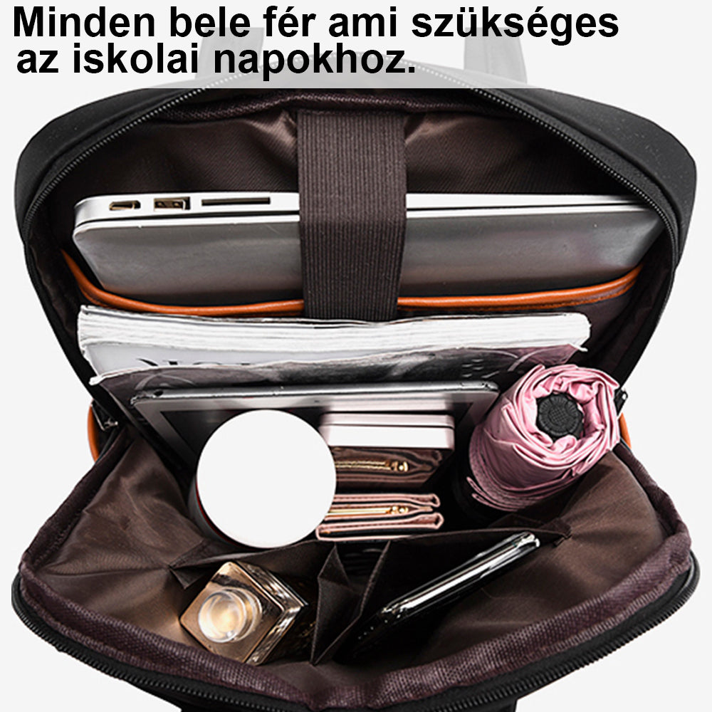 fekete női laptop hátizsák nyitott kapacitásképen, laptophoz és iskolai tárgyakhoz