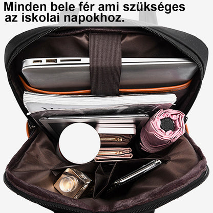 fekete női laptop hátizsák nyitott kapacitásképen, laptophoz és iskolai tárgyakhoz