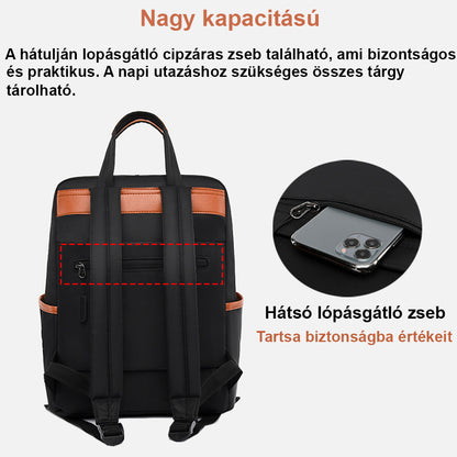 fekete női laptop hátizsák hátoldali lopásgátló zseb infografikán