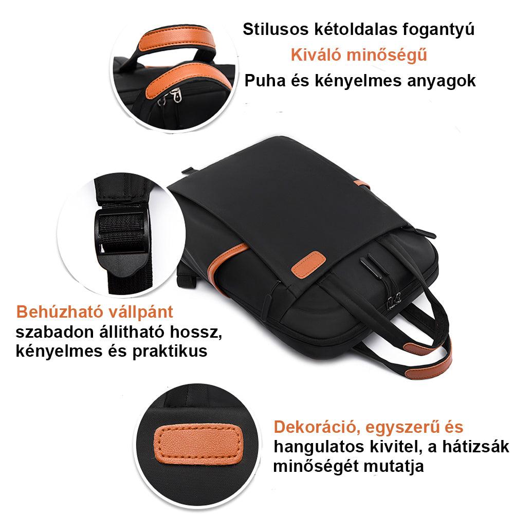 fekete női laptop hátizsák funkciós infografikán, fogantyúval, pánttal és díszpanellel