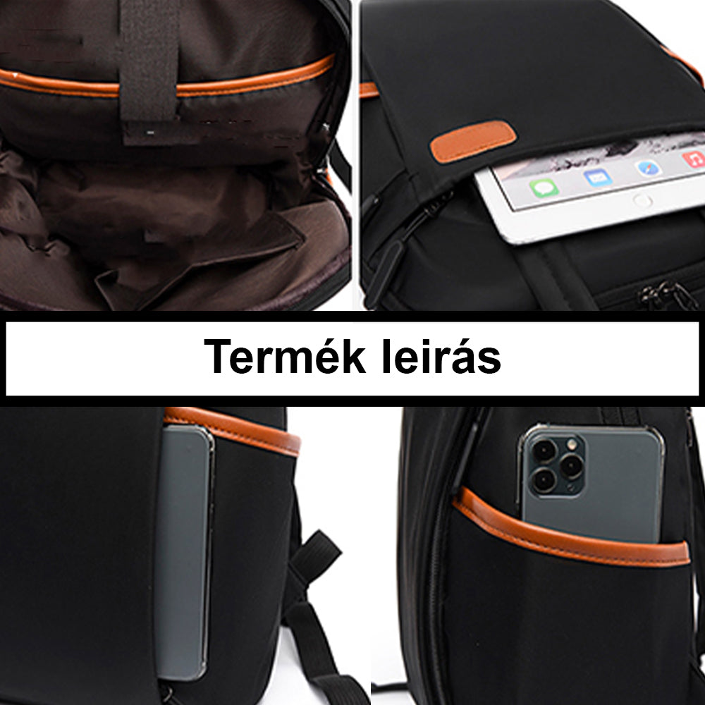 fekete női laptop hátizsák termékrészlet kollázson, oldalzsebekkel és lopásgátló zsebbel