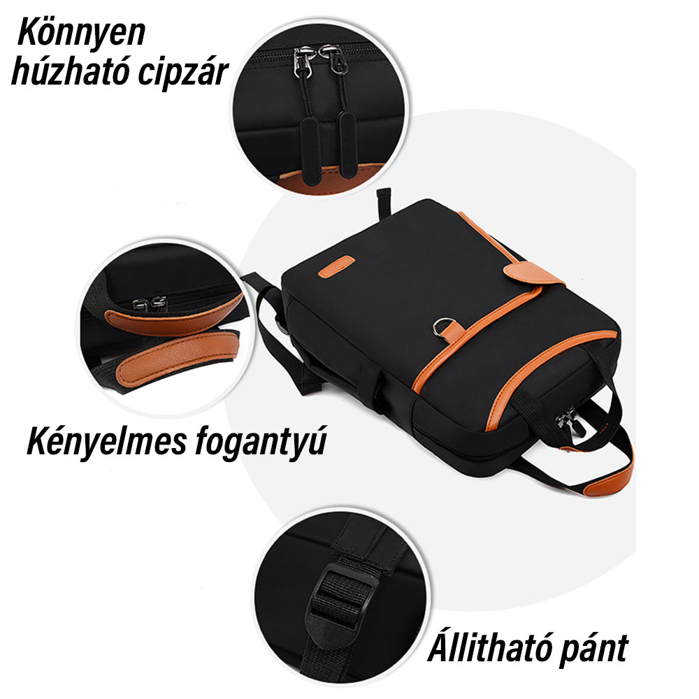 fekete kompakt laptop hátizsák funkciós ábrán könnyen húzható cipzárral fogantyúval és állítható pánttal