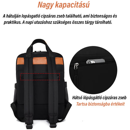 fekete kompakt laptop hátizsák hátoldali infografikán lopásgátló cipzáras zsebbel