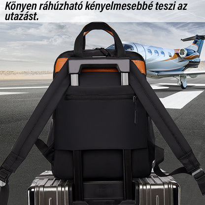 fekete kompakt laptop hátizsák bőröndre rögzítve repülőtéri utazós képen