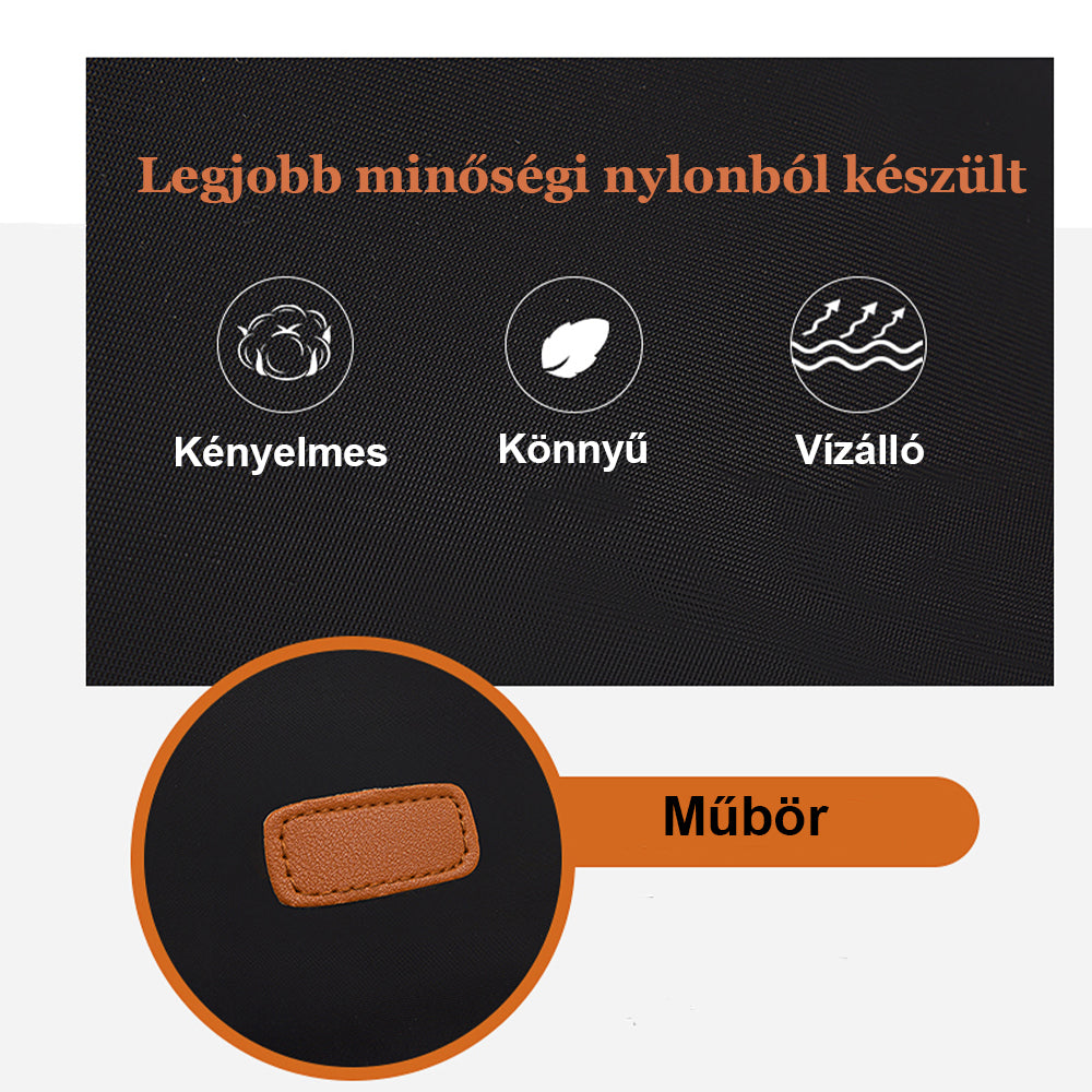 fekete kompakt laptop hátizsák anyagminőségi infografikán kényelmes könnyű és vízálló jelöléssel