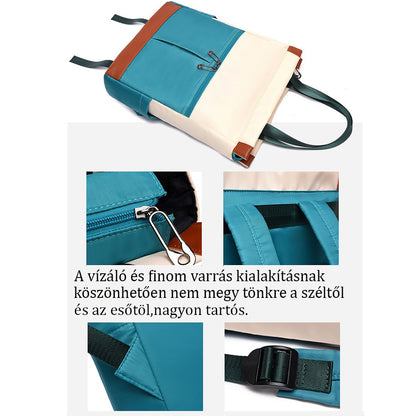 türkiz zsebes vízálló laptop hátizsák részletinfografikán varrással cipzárral és pánttal