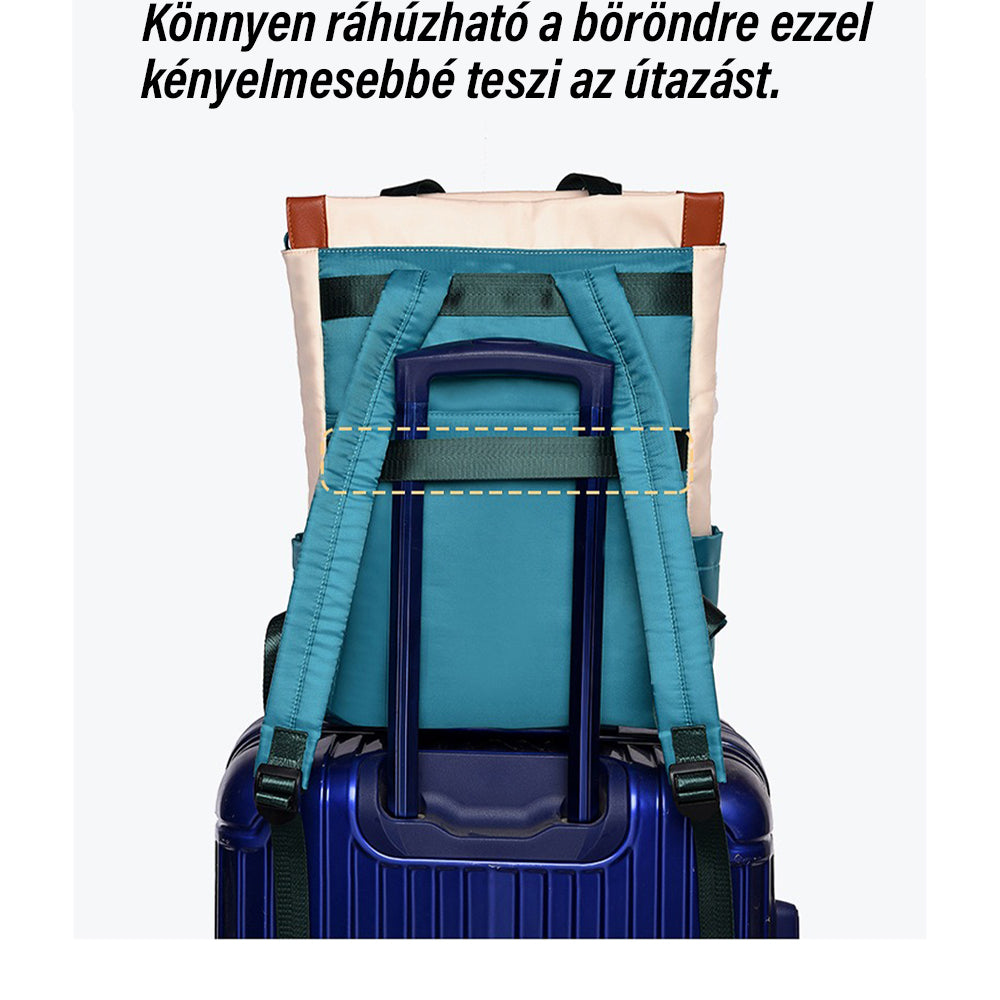 türkiz zsebes vízálló laptop hátizsák bőröndre húzható hátpánttal