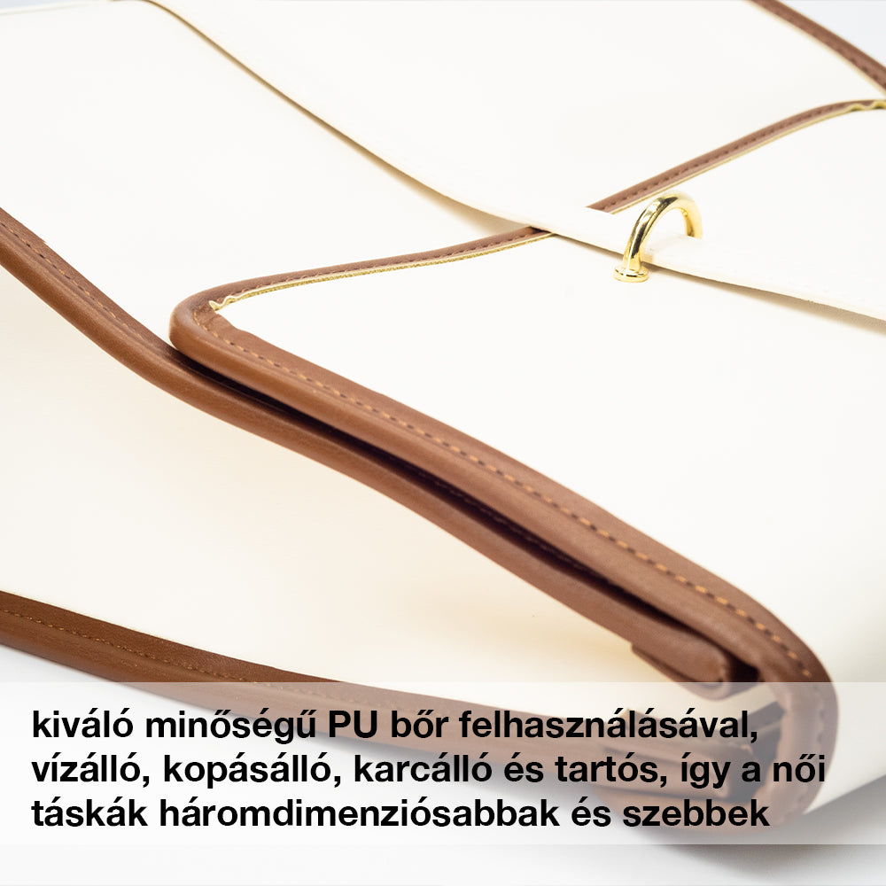 krémfehér női műbőr hátizsák vállpánt és varrás közeli részleten minőségi anyagfelirattal