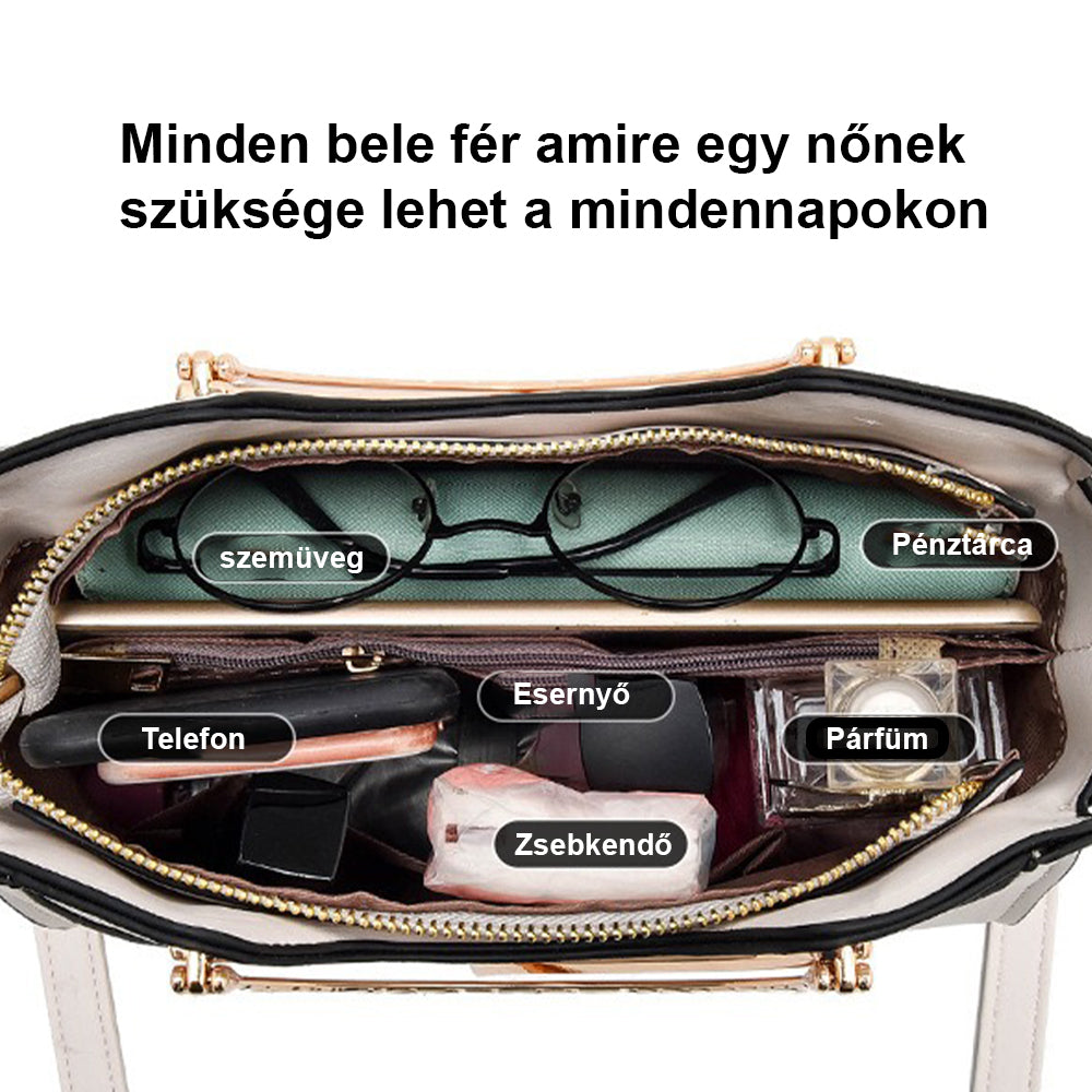 fehér mini női kézitáska nyitott kapacitásképen napszemüveggel telefonnal és kozmetikumokkal