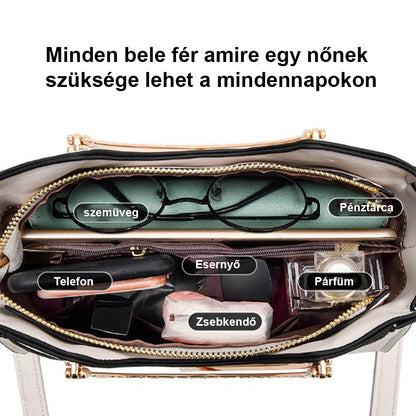 fehér mini női kézitáska nyitott kapacitásképen napszemüveggel telefonnal és kozmetikumokkal