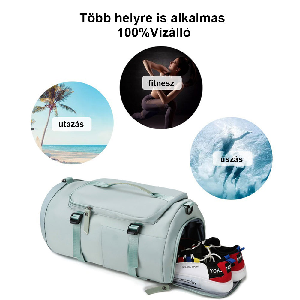 mentazöld vízlepergető női utazóhátizsák több helyzetes használati infografikán cipőrekesszel