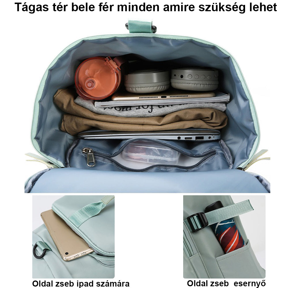 világoskék női utazóhátizsák nyitott kapacitásábrán ruhákkal iPaddel és esernyős oldalzsebbel