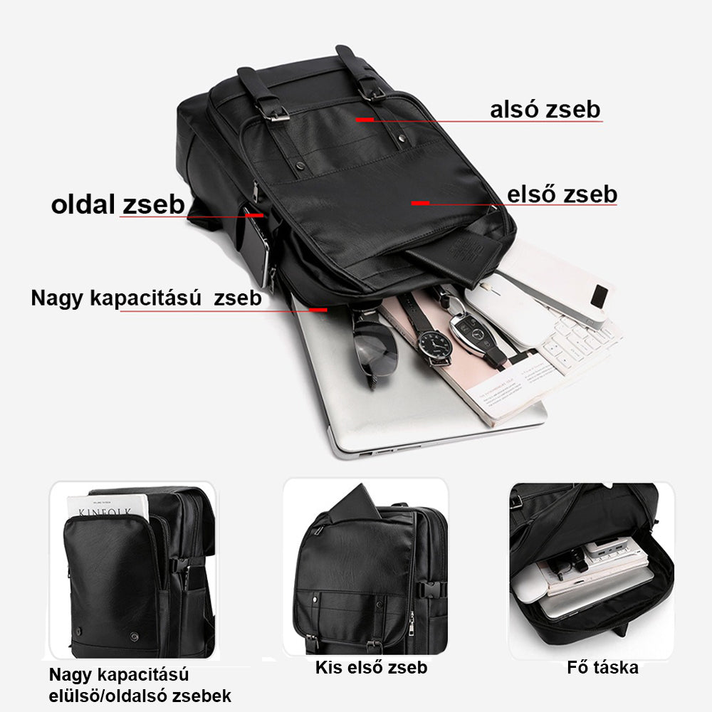 fekete műbőr laptop hátizsák rekeszábrán oldalzsebbel első zsebbel és nagy főrekesszel