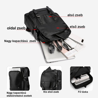 fekete műbőr laptop hátizsák rekeszábrán oldalzsebbel első zsebbel és nagy főrekesszel