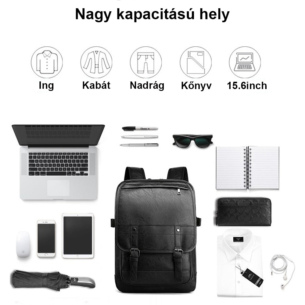 fekete műbőr laptop hátizsák kapacitásábrán 15,6 colos laptophoz és napi tárgyakhoz