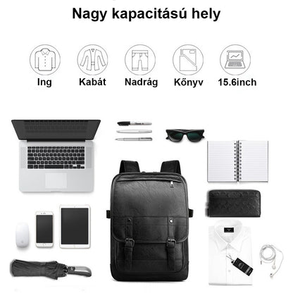 fekete műbőr laptop hátizsák kapacitásábrán 15,6 colos laptophoz és napi tárgyakhoz