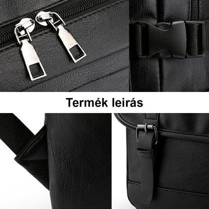 fekete műbőr laptop hátizsák részletkollázson cipzárral pánttal csattal és anyagközelivel