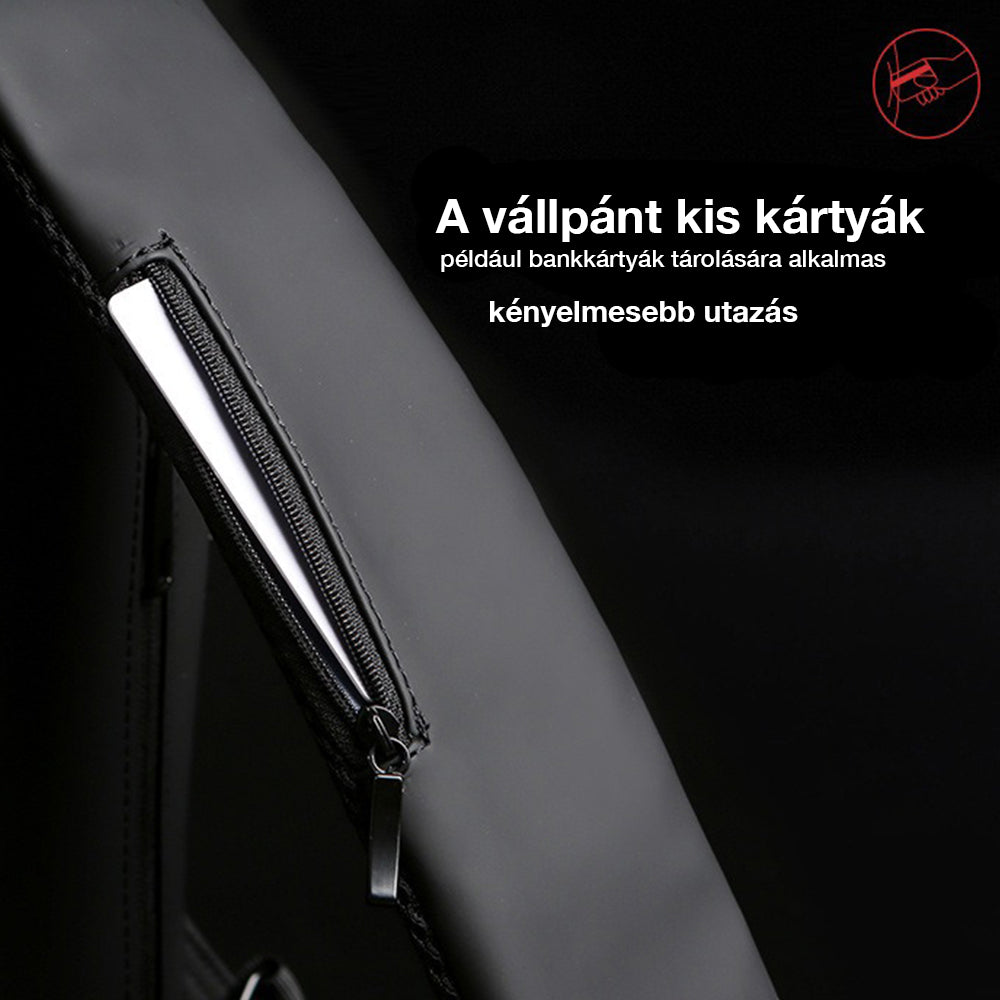 férfi melltáska, fekete, kompakt, poliészter anyagból, hordozható kivitelben, hátoldali nézetben