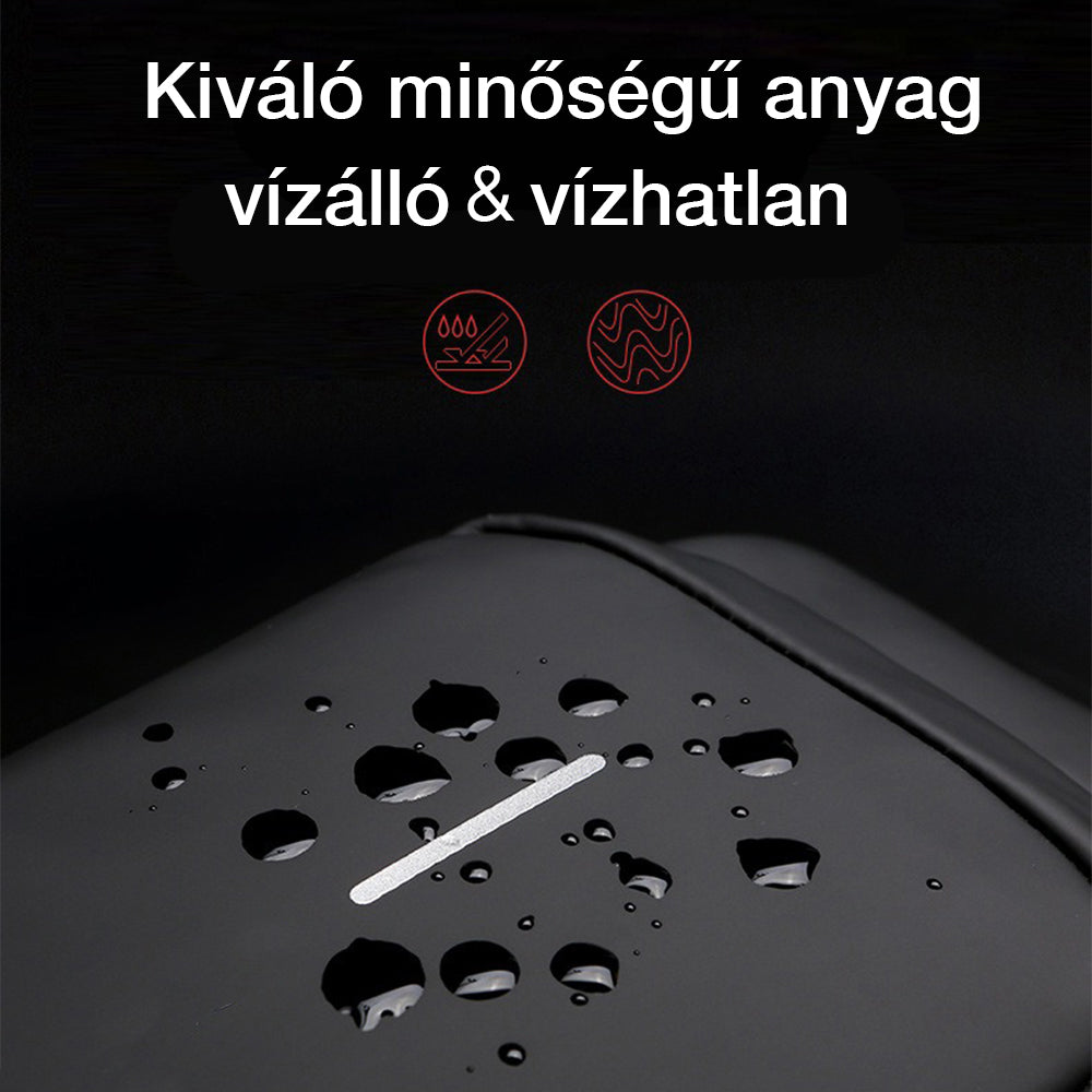 férfi USB mellkasi táska, fekete, vízlepergető anyagteszt közelről