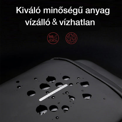 férfi USB mellkasi táska, fekete, vízlepergető anyagteszt közelről