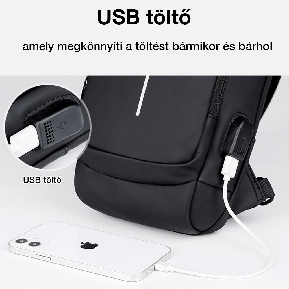 férfi melltáska, fekete, kompakt, poliészter anyagból, USB csatlakozóval, mindennapi viselethez