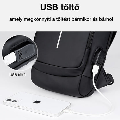 férfi melltáska, fekete, kompakt, poliészter anyagból, USB csatlakozóval, mindennapi viselethez