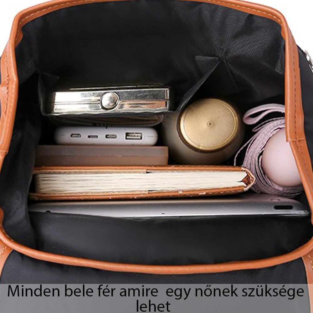 fekete kompakt női hátizsák nyitott belső kapacitásképen pénztárcával és noteszekkel