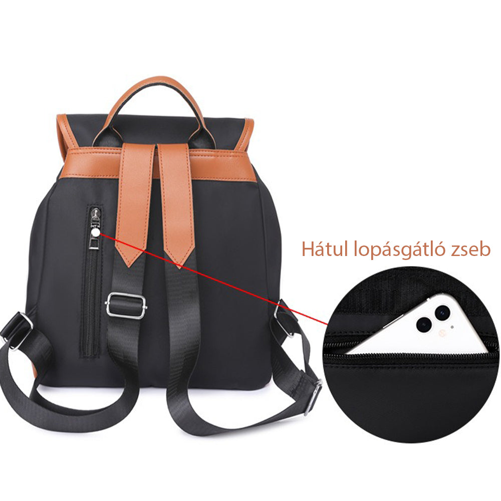 fekete kompakt női hátizsák hátoldali lopásgátló zseb részletével