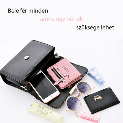 fekete kockás kompakt női crossbody táska kapacitásképen telefonnal kozmetikummal és pénztárcával