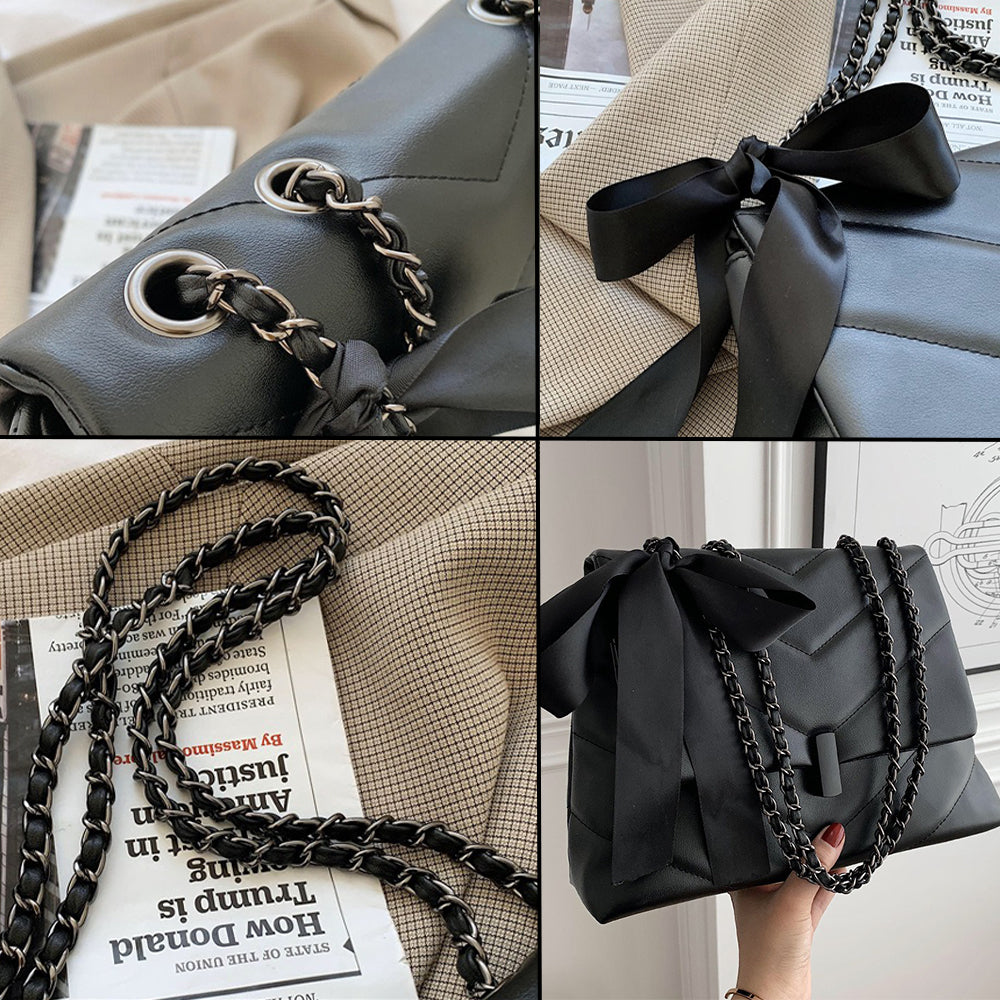 fekete steppelt női crossbody táska részletkollázson láncpánttal és masnis fedéllel