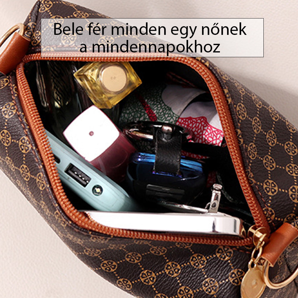 barna kockás mini női válltáska nyitott kapacitásképen kozmetikumokkal és telefonnal