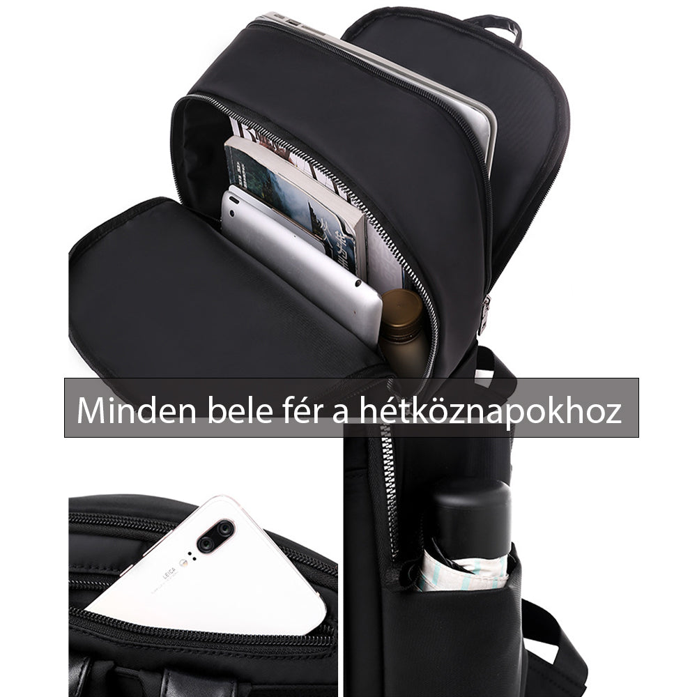 fekete női laptop hátizsák nyitott rekeszekkel laptopnak telefonnak és palacknak